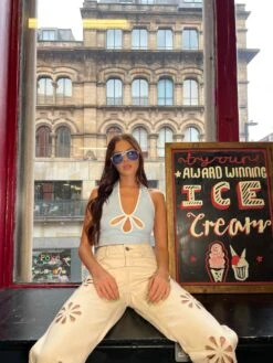 Glamorous Pale-Blue White Keyhole Halterneck Top