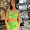 Glamorous Apple-Green Satin Ruched Keyhole Crop-top