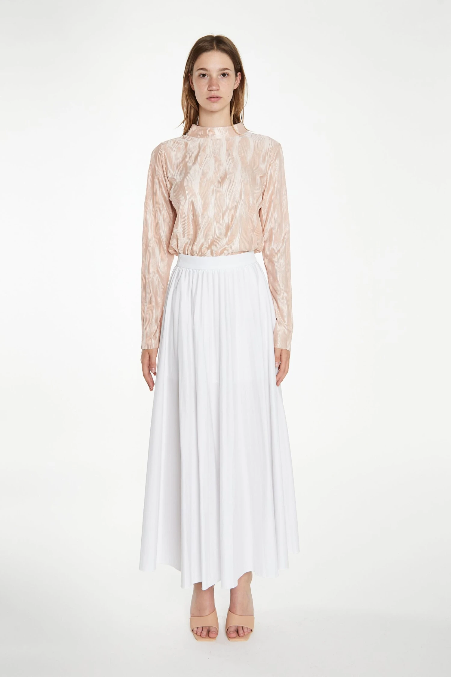 Glamorous Nude Plisse Long-Sleeve High-Neck Top 1 Glamorous Nude Plisse Long-Sleeve High-Neck Top