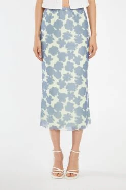 Glamorous Blue-Green Floral Mesh Lace-Trim Midi-Skirt -Cheap Softly Dressed Store HC0173 DM61 01