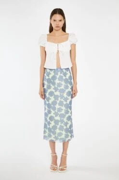 Glamorous Blue-Green Floral Mesh Lace-Trim Midi-Skirt