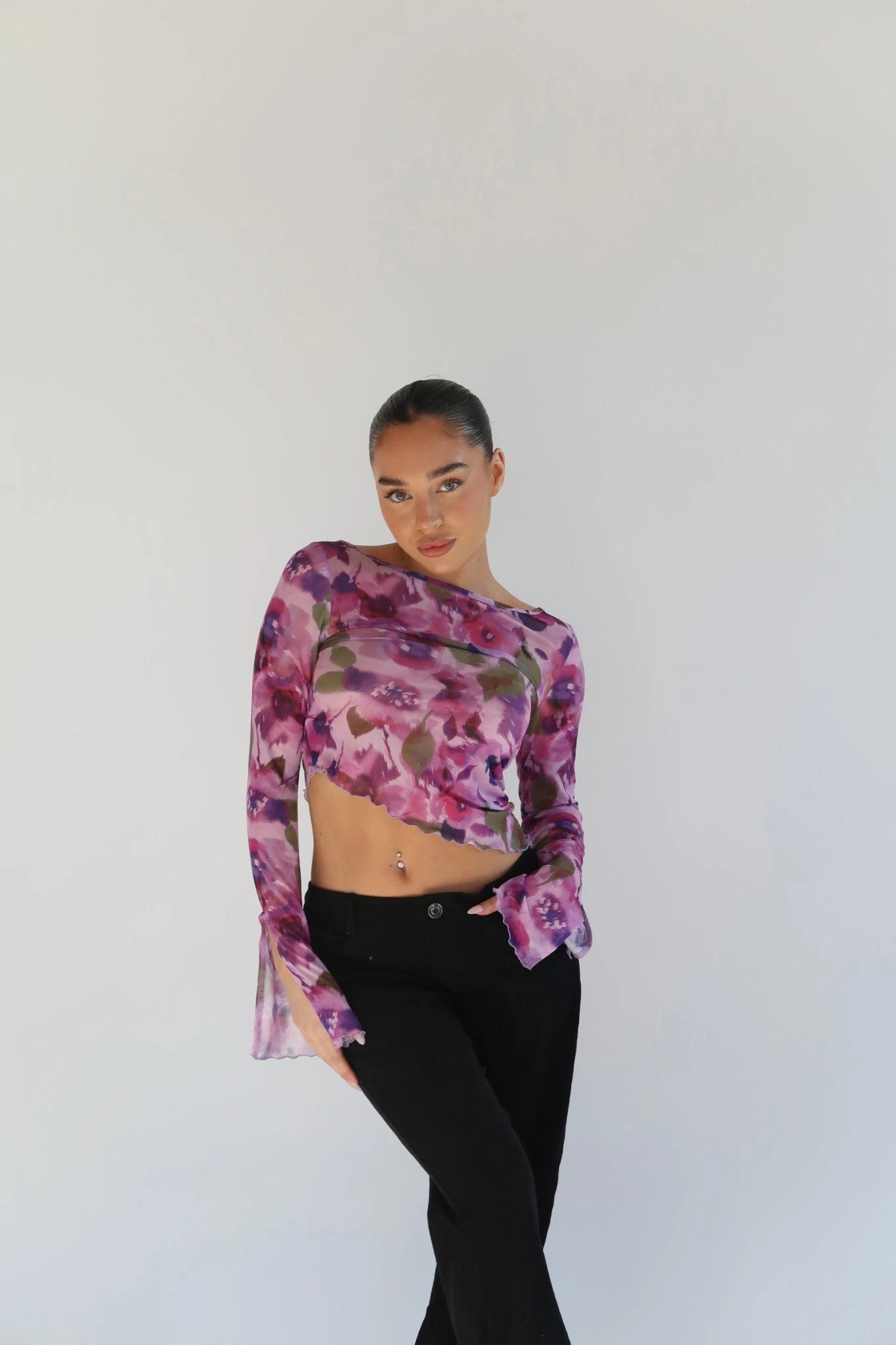 Glamorous Blurred-Purple Floral Asymmetric Crop-Top 1 Glamorous Blurred-Purple Floral Asymmetric Crop-Top