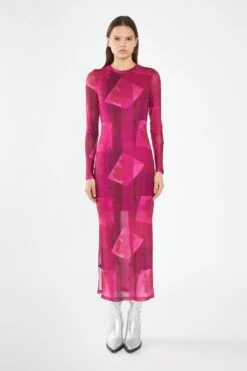 Glamorous Pink-Block Mesh Crew-Neck Bodycon Maxi-Dress -Cheap Softly Dressed Store HC0258 DO08 03