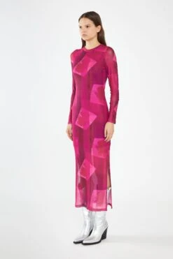 Glamorous Pink-Block Mesh Crew-Neck Bodycon Maxi-Dress -Cheap Softly Dressed Store HC0258 DO08 04