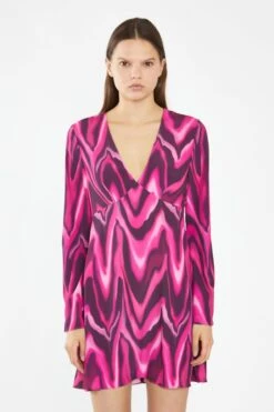 Glamorous Pink Multi-Blurred Wave Flared Sleeve Mini-Dress