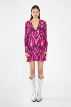 Glamorous Pink Multi-Blurred Wave Flared Sleeve Mini-Dress -Cheap Softly Dressed Store HC0268 DO09 03