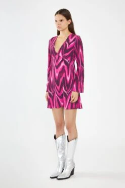 Glamorous Pink Multi-Blurred Wave Flared Sleeve Mini-Dress -Cheap Softly Dressed Store HC0268 DO09 04