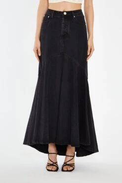 Glamorous Washed Black Denim Fishtail Maxi-Skirt