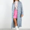Glamorous Blue Grey Check Longline Coat With Front Pockets