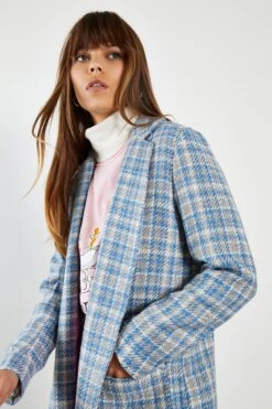Glamorous Blue Grey Check Longline Coat With Front Pockets -Cheap Softly Dressed Store HS0061 CZ96 04