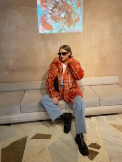 Glamorous Curve Red Check Faux Fur Coat With Lapel Collar