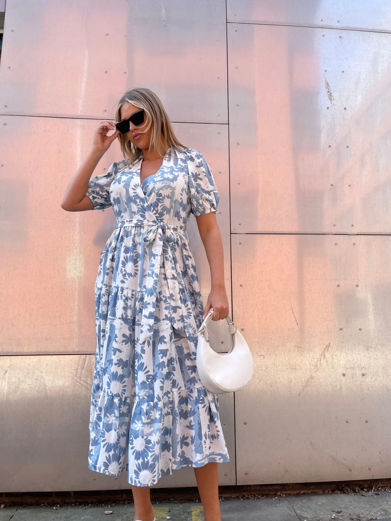 Glamorous Blue Flower Collage Tiered Wrap Maxi-Dress 1 Glamorous Blue Flower Collage Tiered Wrap Maxi-Dress