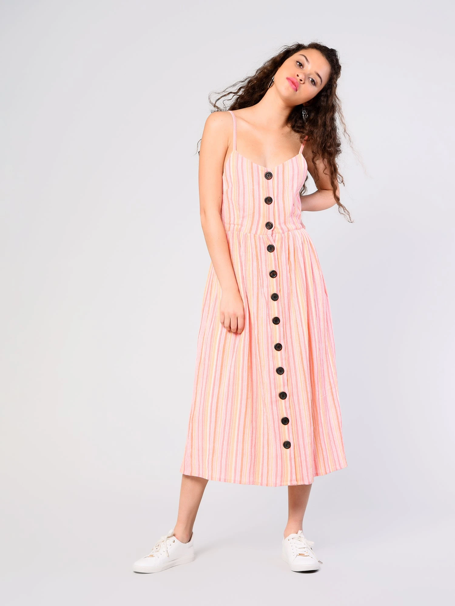 Glamorous Pink Peach Stripe Button Front Midi Dress 2 Glamorous Pink Peach Stripe Button Front Midi Dress - Image 2