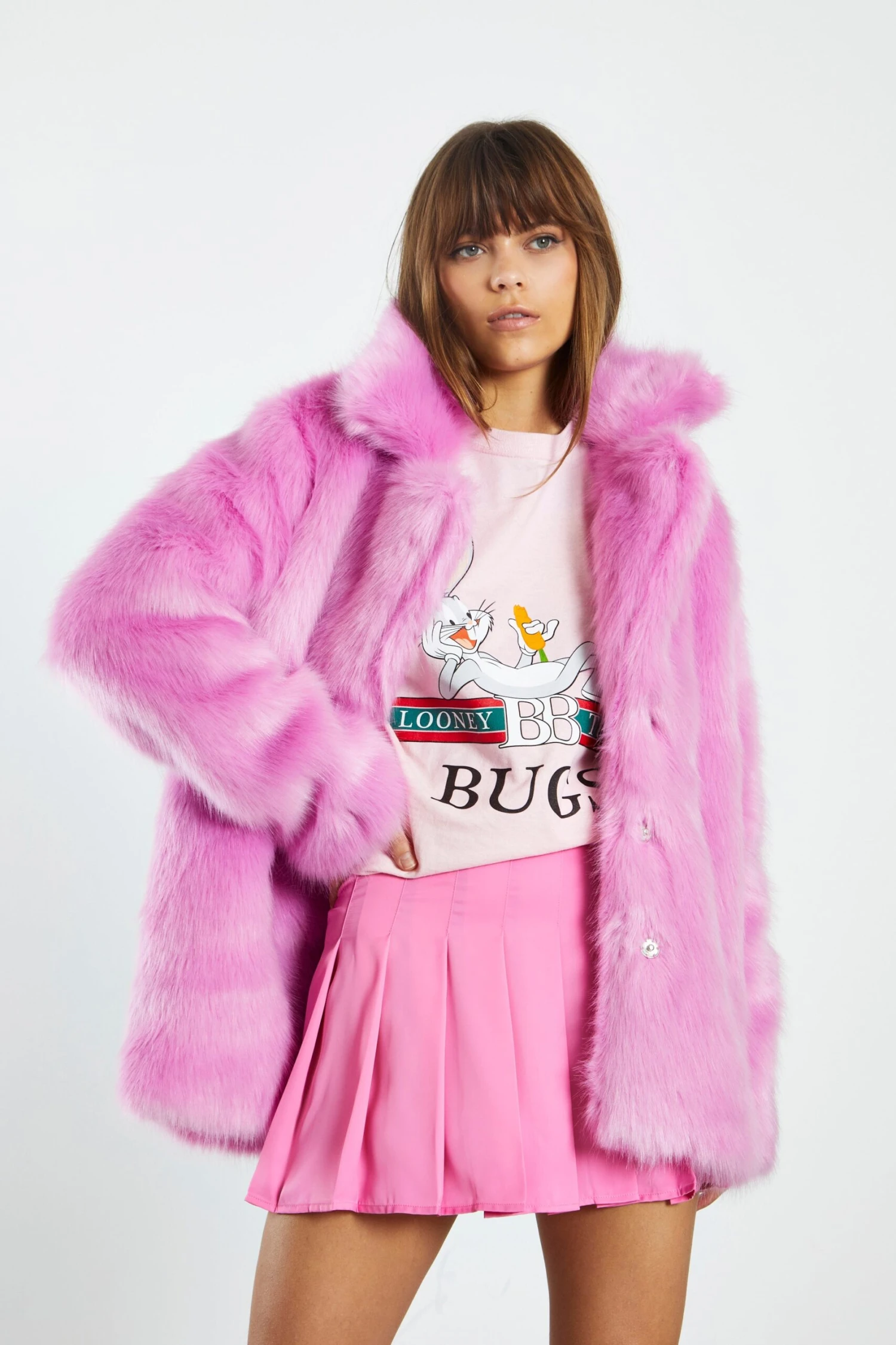 Glamorous Hot Pink Faux Fur Coat With Lapel Collar 1 Glamorous Hot Pink Faux Fur Coat With Lapel Collar