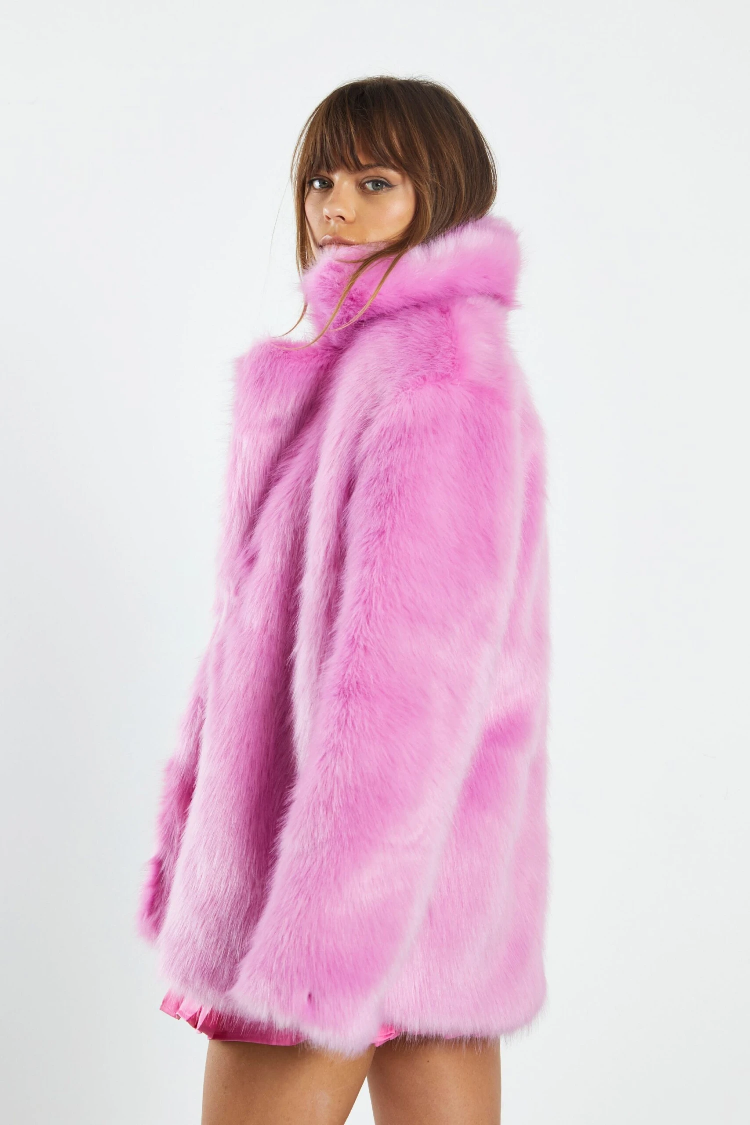 Glamorous Hot Pink Faux Fur Coat With Lapel Collar 2 Glamorous Hot Pink Faux Fur Coat With Lapel Collar - Image 2
