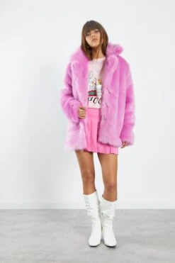 Glamorous Hot Pink Faux Fur Coat With Lapel Collar 6 Glamorous Hot Pink Faux Fur Coat With Lapel Collar -Cheap Softly Dressed Store KA6228 HP 03