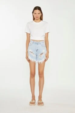 Glamorous Light-Blue Bleached High-Waisted Distressed Denim Shorts -Cheap Softly Dressed Store KA6744C CW23 01