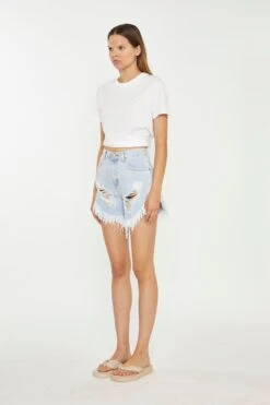 Glamorous Light-Blue Bleached High-Waisted Distressed Denim Shorts -Cheap Softly Dressed Store KA6744C CW23 03