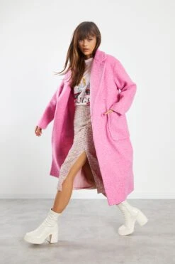 Glamorous Bright Pink Marl Midi Coat With Lapel Collar