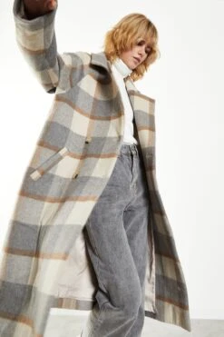 Glamorous Grey Cream Check Double Breasted Midi Coat With Lapel Collar -Cheap Softly Dressed Store KA6826 CZ93 01