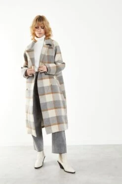 Glamorous Grey Cream Check Double Breasted Midi Coat With Lapel Collar -Cheap Softly Dressed Store KA6826 CZ93 03
