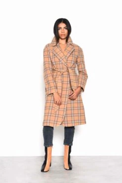 Glamorous Camel Multi Check Double Breasted Longline Coat With Waist Belt -Cheap Softly Dressed Store KA6827 CQ76 03