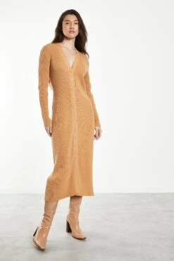Glamorous Caramel Knitted Skinny Fit Midi Dress With Long Sleeves & V Neck -Cheap Softly Dressed Store KA6962 BD10 04