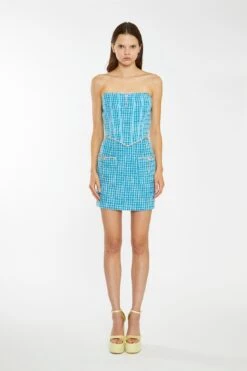 Glamorous Cyan-Blue Tweed Diamante Trim Corset