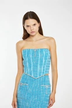 Glamorous Cyan-Blue Tweed Diamante Trim Corset -Cheap Softly Dressed Store KA7095 DJ39 04
