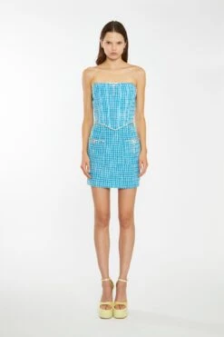 Glamorous Cyan-Blue Tweed Diamante Trim Mini-Skirt