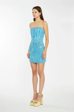Glamorous Cyan-Blue Tweed Diamante Trim Mini-Skirt -Cheap Softly Dressed Store KA7096 DJ39 03