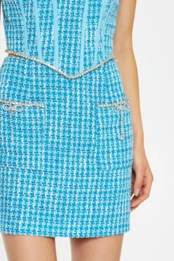 Glamorous Cyan-Blue Tweed Diamante Trim Mini-Skirt -Cheap Softly Dressed Store KA7096 DJ39 04