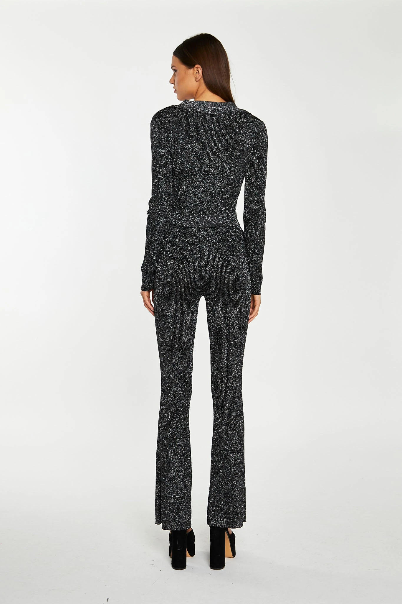 Glamorous Black-Silver Rib Collared V-Neck -Bodysuit 2 Glamorous Black-Silver Rib Collared V-Neck -Bodysuit - Image 2