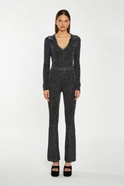 Glamorous Black-Silver Rib Flared Trousers