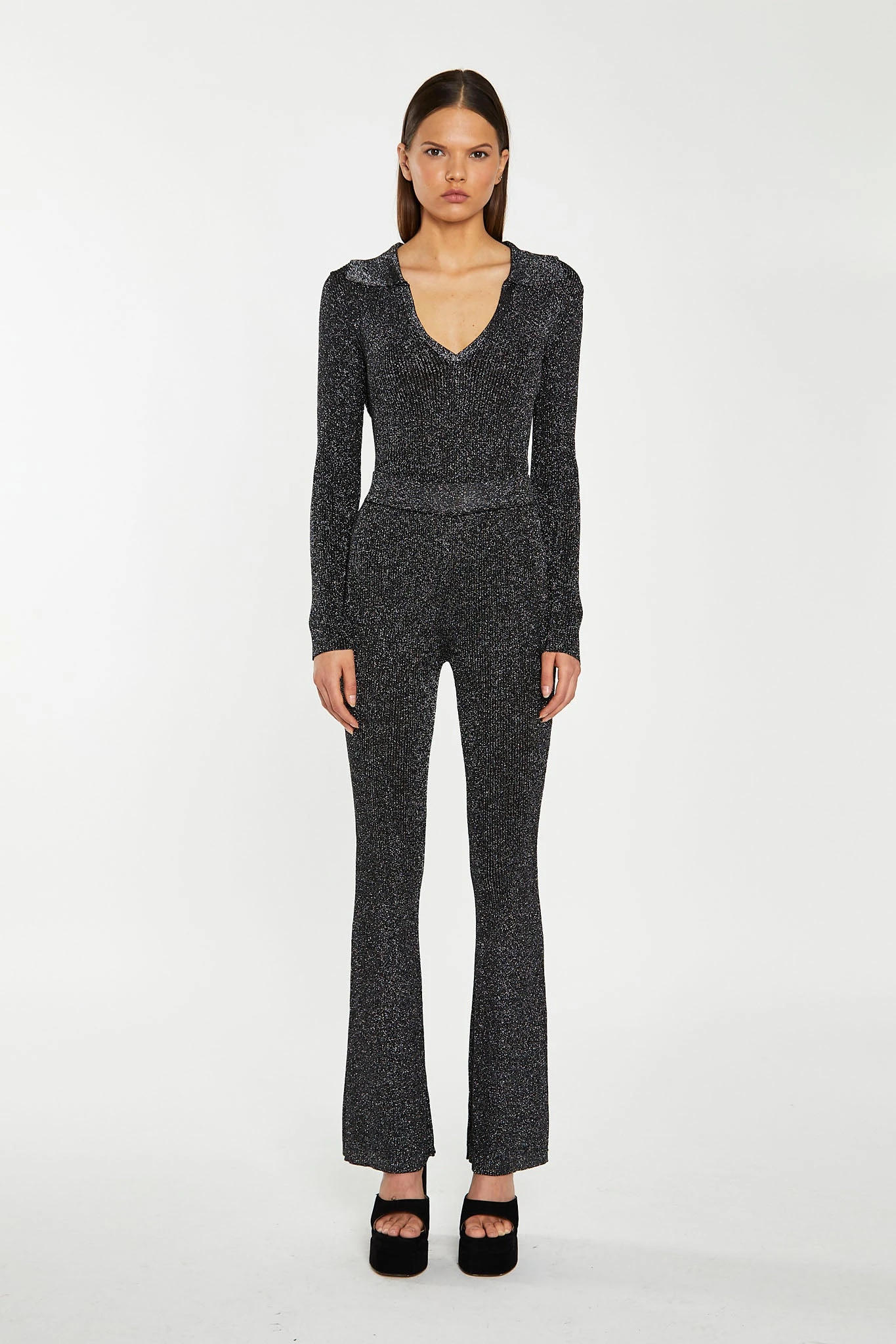 Glamorous Black-Silver Rib Flared Trousers 1 Glamorous Black-Silver Rib Flared Trousers