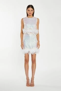 Glamorous Iridescent-Sequin White Feather Trim Crop-Top -Cheap Softly Dressed Store KA7114 DM70 01