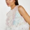 Glamorous Iridescent-Sequin White Feather Trim Crop-Top