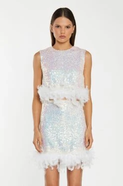 Glamorous Iridescent-Sequin White Feather Trim Mini-Skirt