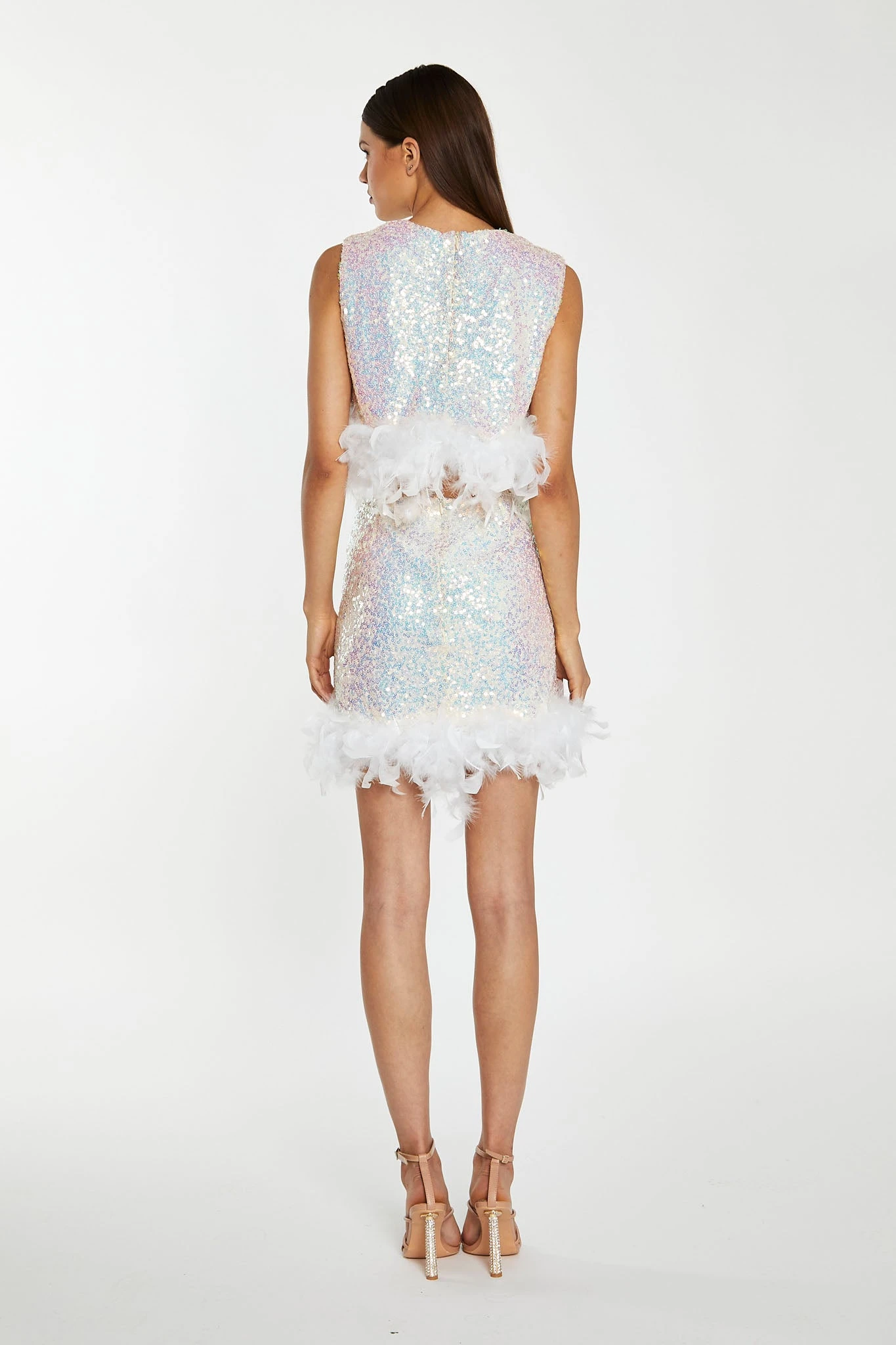 Glamorous Iridescent-Sequin White Feather Trim Mini-Skirt 2 Glamorous Iridescent-Sequin White Feather Trim Mini-Skirt - Image 2