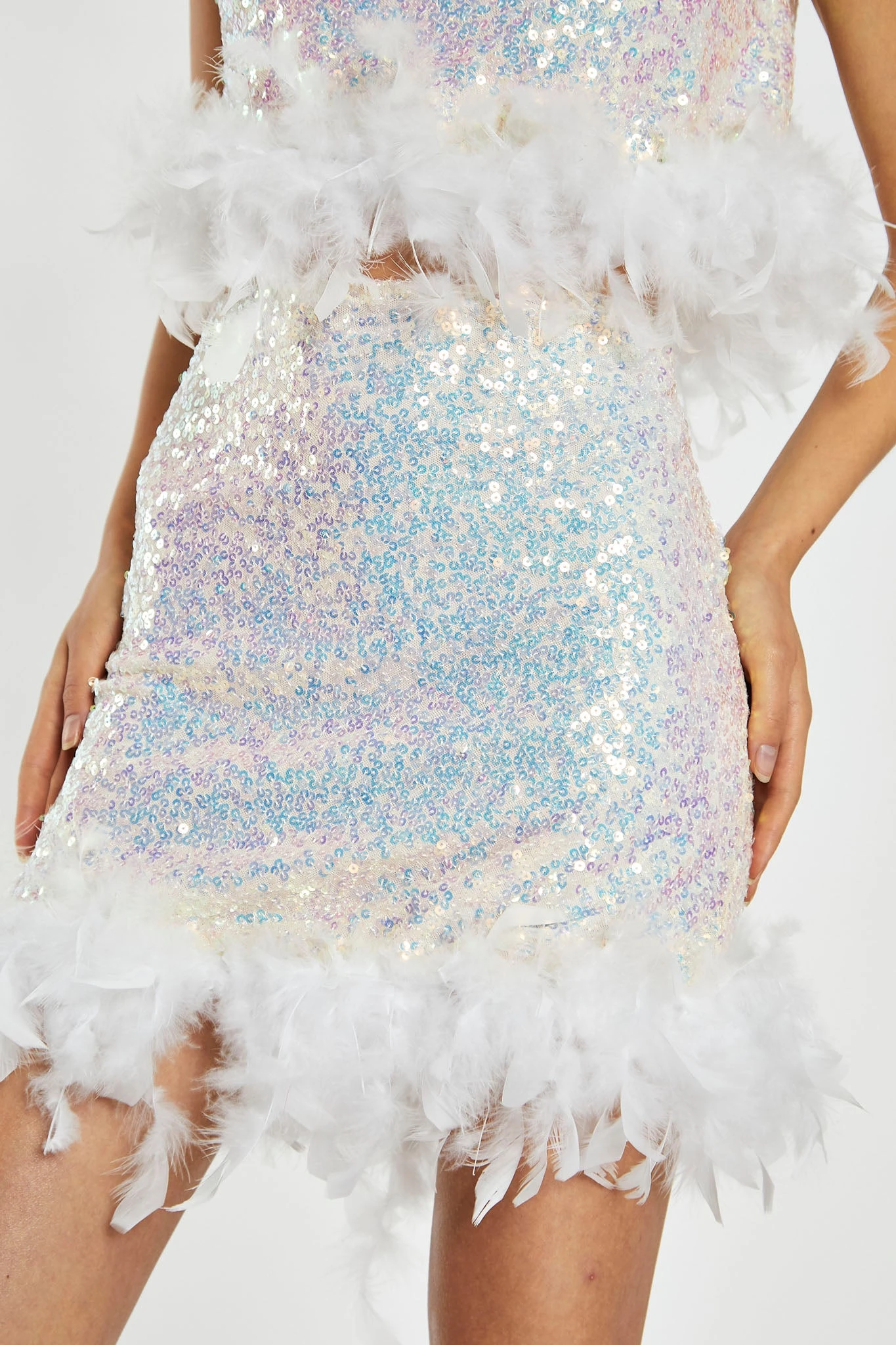 Glamorous Iridescent-Sequin White Feather Trim Mini-Skirt 3 Glamorous Iridescent-Sequin White Feather Trim Mini-Skirt - Image 3
