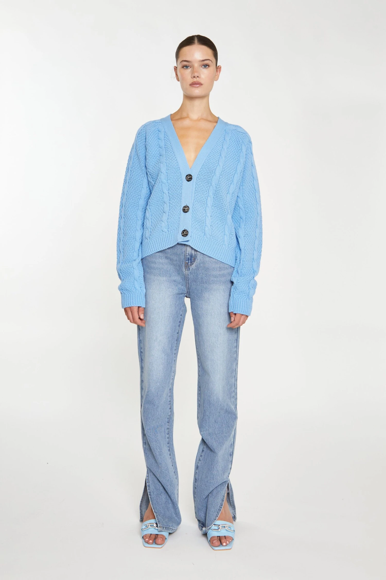 Glamorous Cornflower Blue Button Down Cable Knit Cardigan 1 Glamorous Cornflower Blue Button Down Cable Knit Cardigan