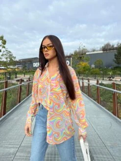 Glamorous Rainbow Swirl Button-Front Long Sleeve -shirt