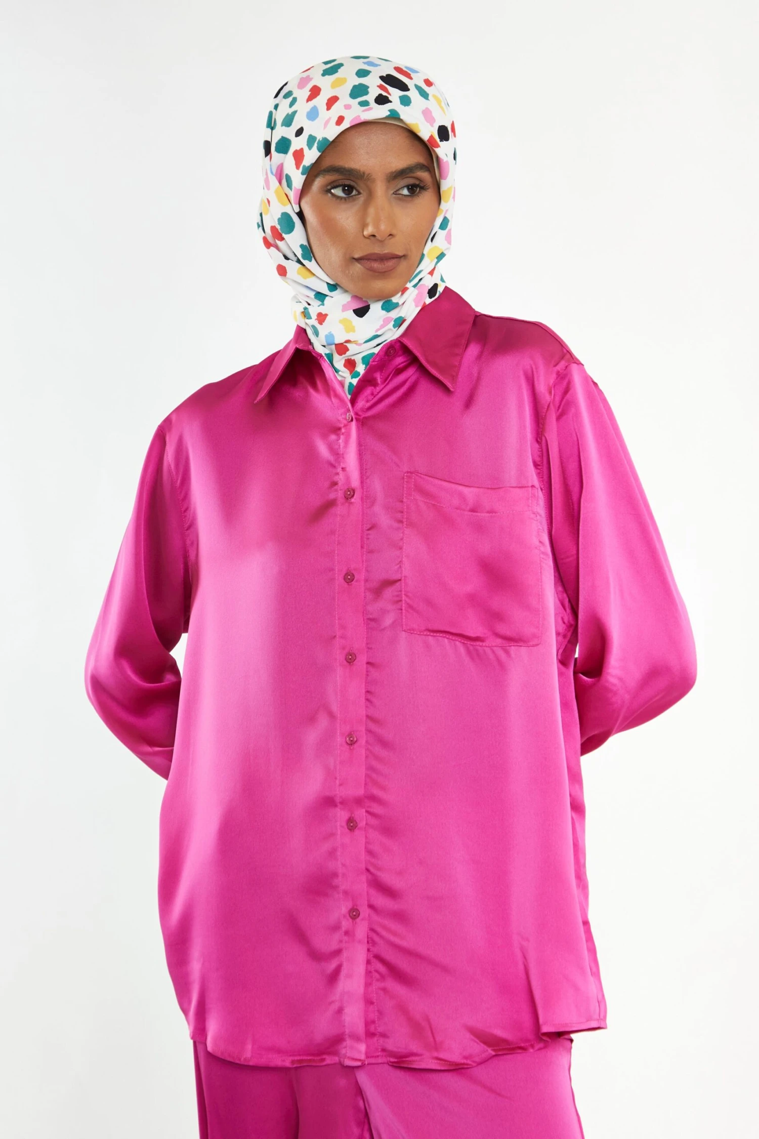 Glamorous Modest Fuchsia Button Front Shirt 2 Glamorous Modest Fuchsia Button Front Shirt - Image 2