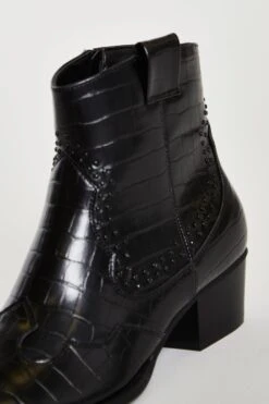 Glamorous Black Croc Western Block Heel Ankle Boots -Cheap Softly Dressed Store Shoes 013