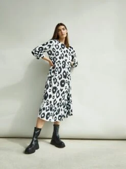 Glamorous Black White Leopard Midi Long Sleeve Wrap Dress -Cheap Softly Dressed Store TM0133 CX63 3