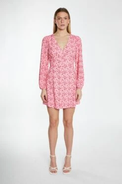 Glamorous Raspberry Ditsy Button Front Long Sleeve Mini-Dress -Cheap Softly Dressed Store TM0157A AY78 03