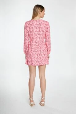 Glamorous Raspberry Ditsy Button Front Long Sleeve Mini-Dress -Cheap Softly Dressed Store TM0157A AY78 04