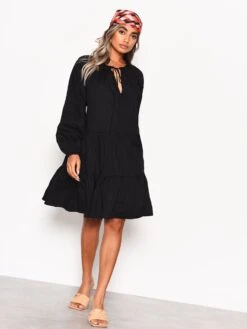 Glamorous Black Cotton Long Sleeve Smock Dress