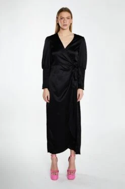 Glamorous Black-Satin Shirred Cuff Wrap Maxi-Dress
