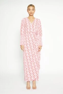 Glamorous White-Red-Pink-Floral Wrap Maxi Dress